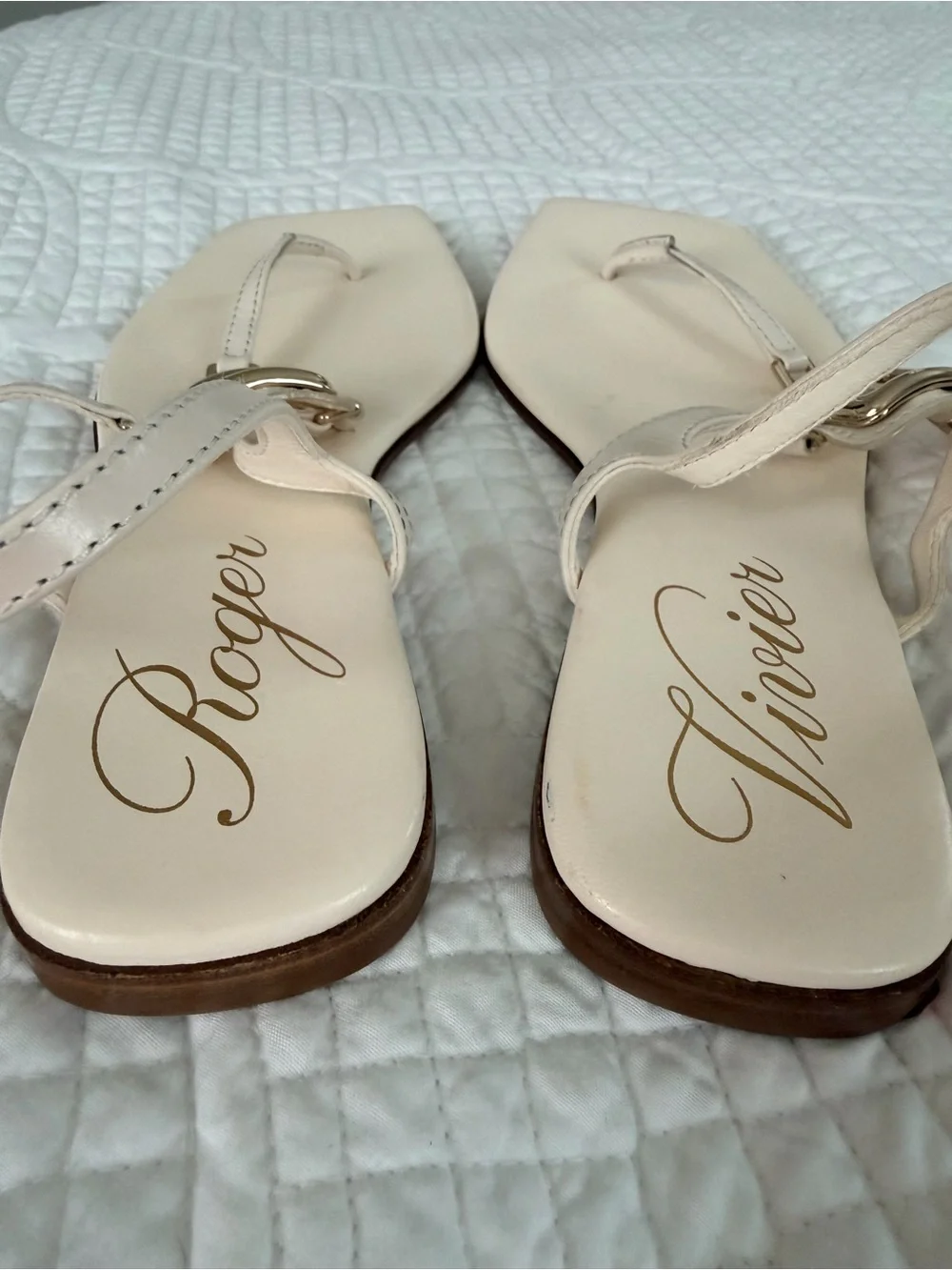 Roger Vivier Ivory Leather T-Strap Sandals with Gold Buckles